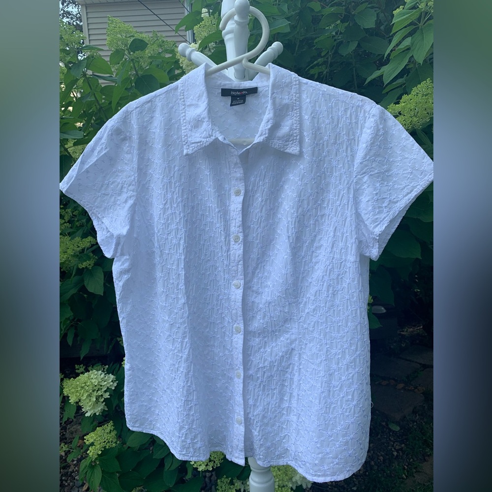 White eyelet cap-sleeve blouse